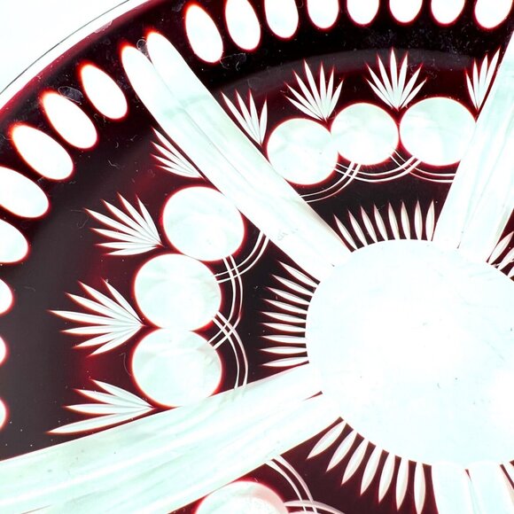 Czech Bohemian Ruby Red Cut To Clear Glass Serving Bowl Coin Dot Cranberry 9" - Picture 3 of 10